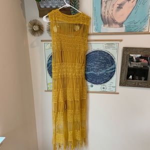 Moon River Mustard yellow crocheted maxi dress
